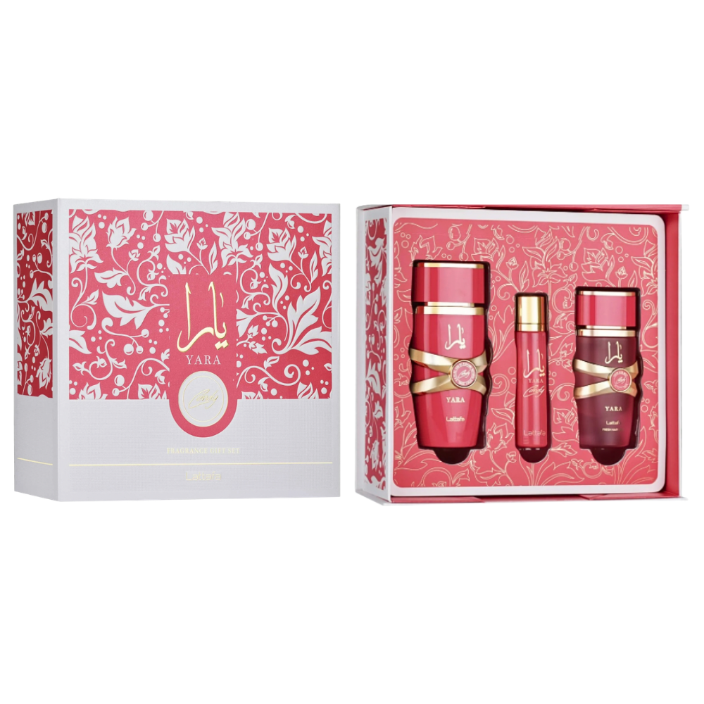 SET LATTAFA YARA CANDY FRAGRANCE GIFT SET EDP 100ML, EDP 12ML, SPRAY CABELLO 50ML (M)