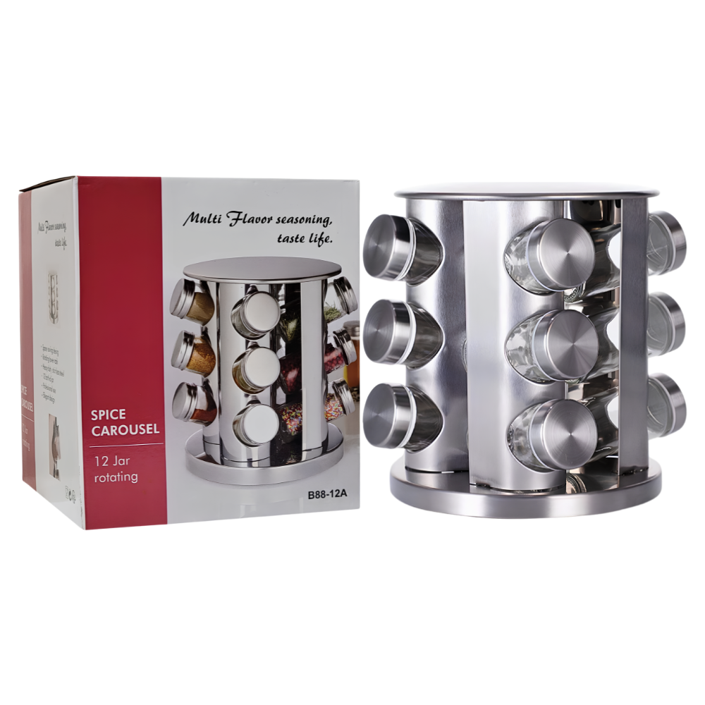 ORGANIZADOR ESPECIERO GIRATORIO REDONDO DE ACERO INOXIDABLE DE 12 BOTES DE VIDRIO 21CMX18.5CM