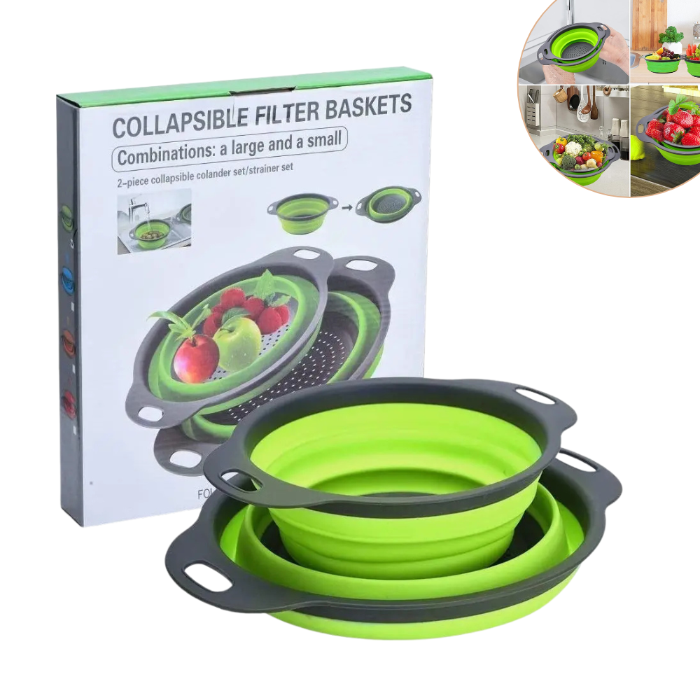CANASTA COLADOR PLEGABLE DE SILICONA CON MANGO PARA FRUTAS Y VERDURAS 19.5CMX24/23.5X29.5CM