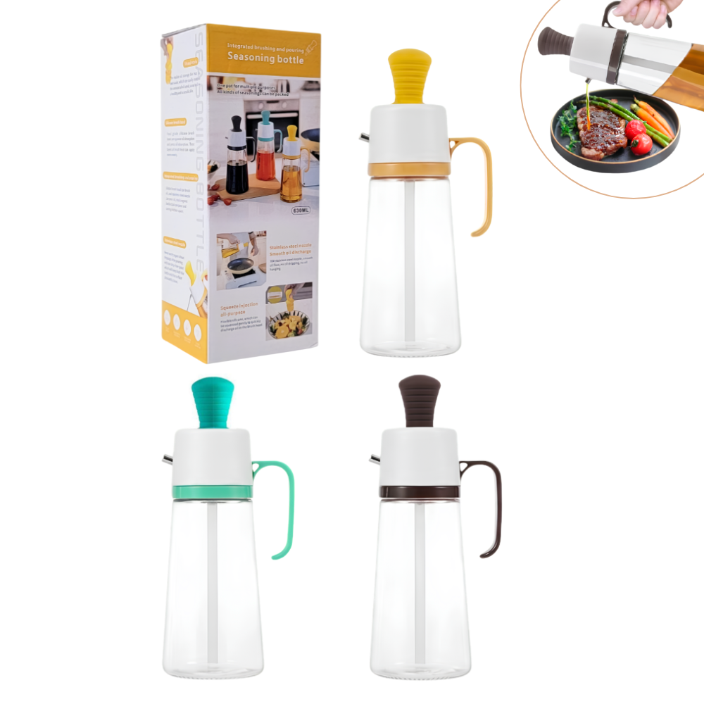 BOTELLA DISPENSADORA DE ACEITE 3 EN 1 CON CEPILLO DE SILICONA Y BOQUILLA DE ACERO INOXIDABLE 630ML