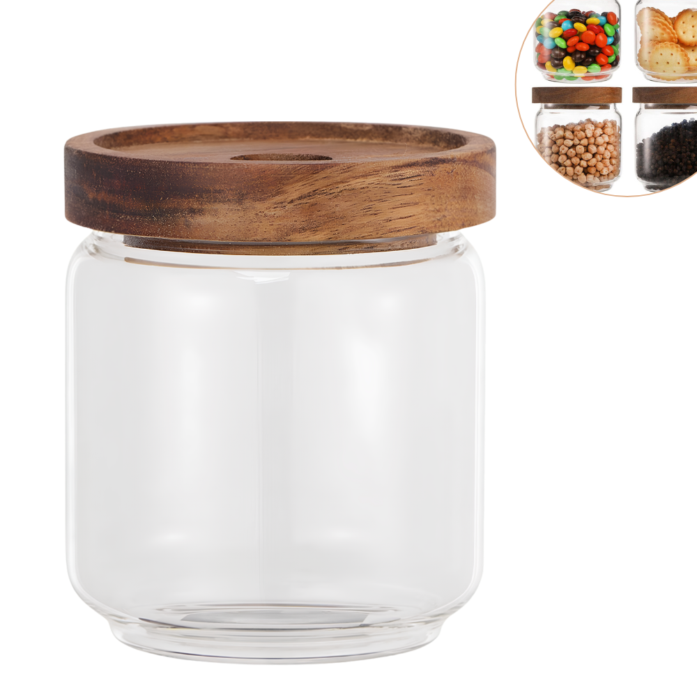 FRASCO RECIPIENTE DE VIDRIO CON TAPA DE MADERA PARA ALIMENTOS SECOS 10.5X9CM KENNEDY HOME COLLECTIONS 400ML