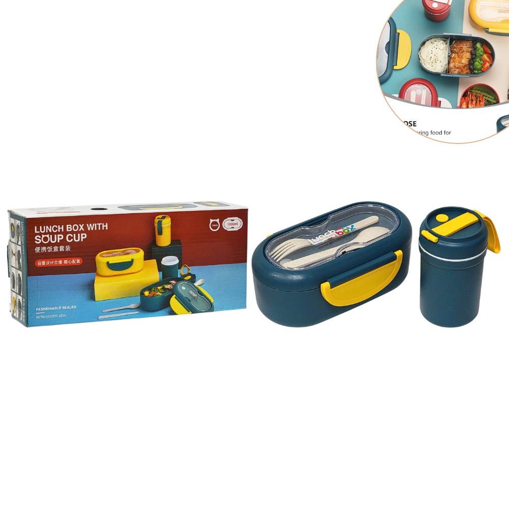 LONCHERA RECIPIENTE DE 2 COMPARTIMIENTOS CON VASO Y CUBIERTOS PARA ALIMENTOS A PRUEBA DE FUGAS 8.5X20CM