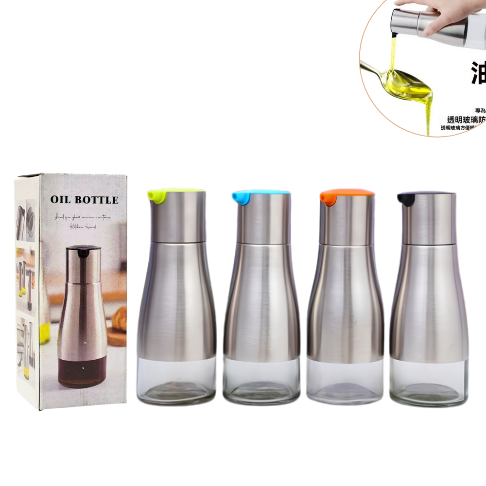 BOTELLA DISPENSADORA DE ACEITE O VINAGRE DE VIDRIO Y ACERO INOXIDABLE DE 320ML DE CAPACIDAD 19.1X6.9X5.6CM