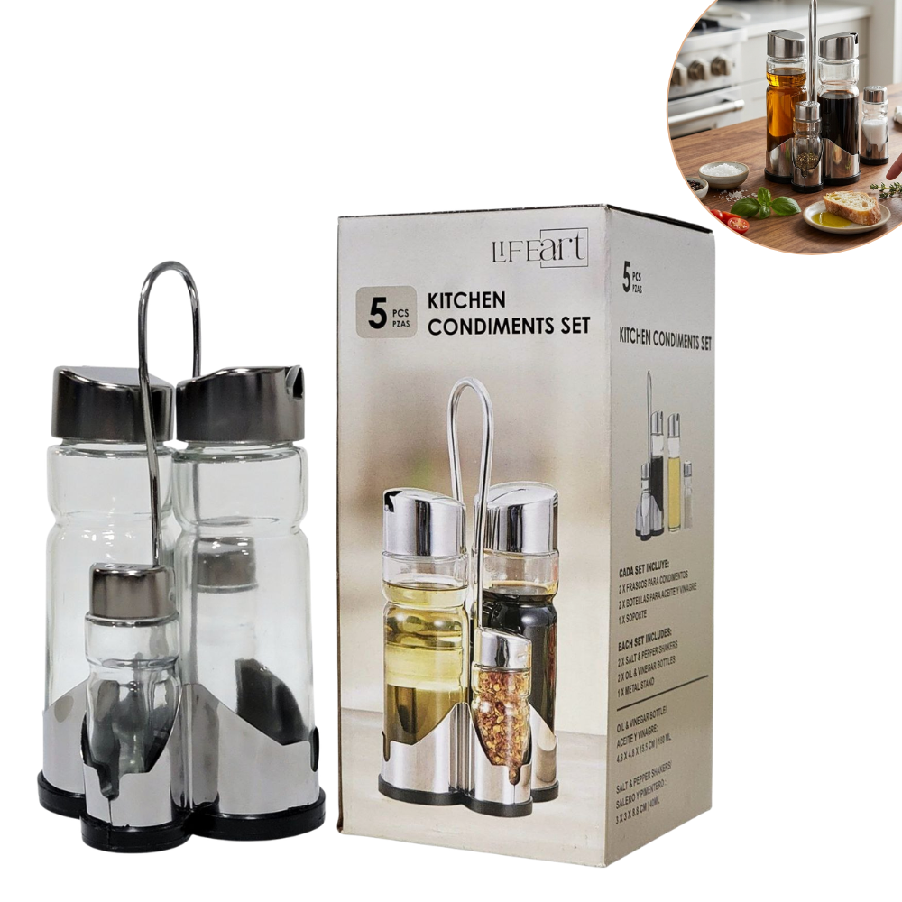 ORGANIZADOR DE ESPECIAS CONDIMENTOS Y ACEITES PARA COCINA CON SOPORTE METALICO LIFEART 5PCS