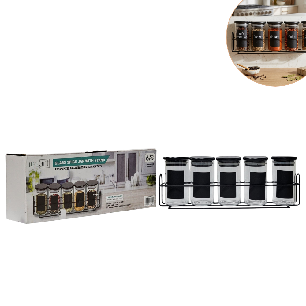 ORGANIZADOR DE ESPECIAS CONDIMENTOS DE VIDRIO DE 160ML CON SOPORTE LIFEART 5PCS 5.6X5.6X10.5CM