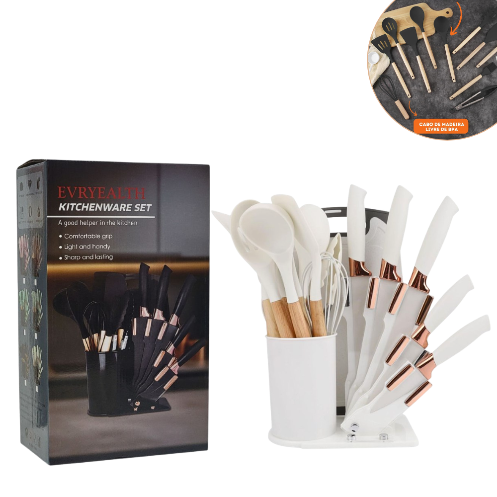 JUEGO DE CUCHILLOS DE COCINA CON UTENSILIOS Y TABLA DE PICAR COLOR BLANCO EVRYEALTH 18PCS