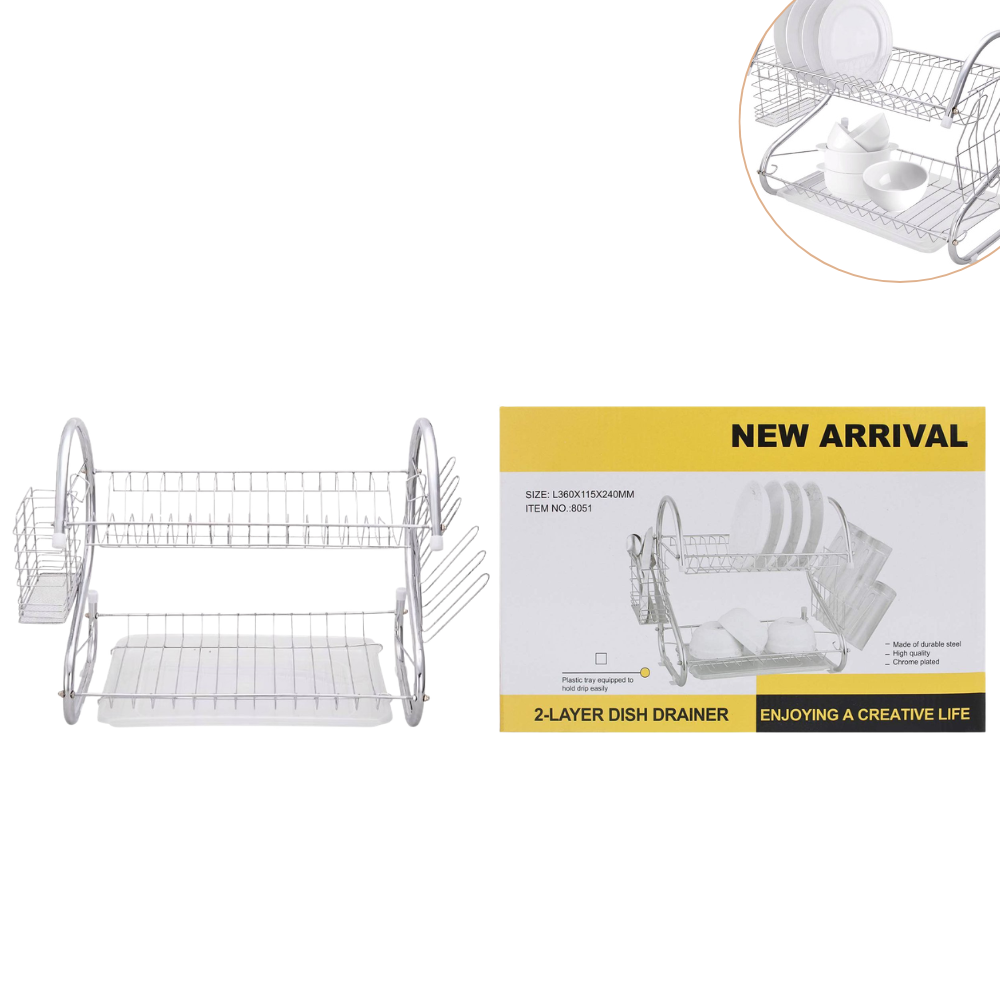 ESTANTE ORGANIZADOR Y ESCURRIDOR DE PLATOS DE 2 NIVELES METALICO GALVANIZADO Y BANDEJA DE PLASTICO 36X11.5X24CM