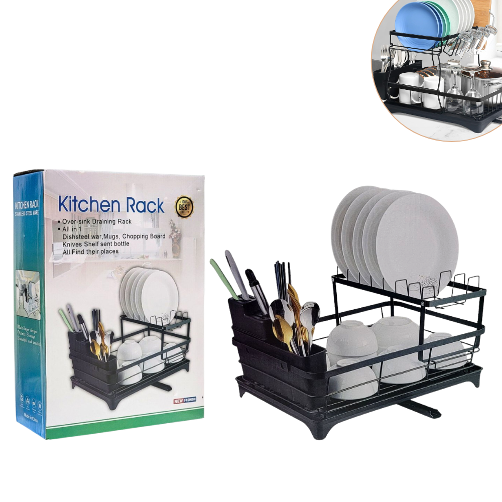 ESTANTE ORGANIZADOR Y ESCURRIDOR DE PLATOS MULTIFUNCIONAL CON TUBO DE DRENAJE 41.5X30X27CM