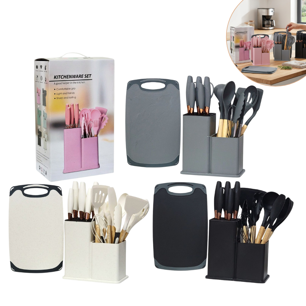 JUEGO DE CUCHILLOS DE COCINA CON UTENSILIOS Y TABLA DE PICAR 18PCS