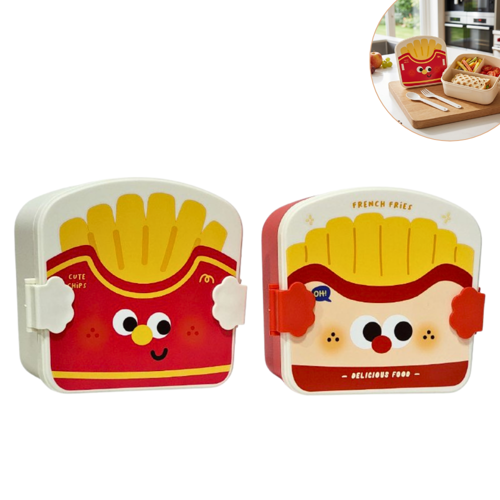LONCHERA CON DISEÑO DE PAPAS FRITAS CON SEPARADOR Y CUBIERTOS PARA NIÑOS