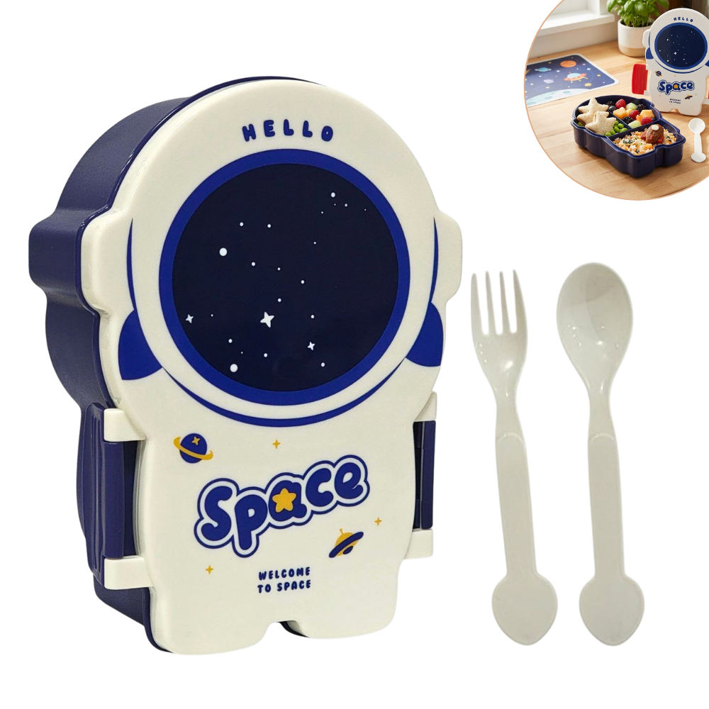 LONCHERA EN FORMA DE ASTRONAUTA CON SEPARADOR Y CUBIERTOS PARA NIÑOS