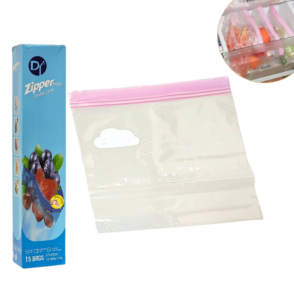 BOLSA ZIPLOC REUTILIZABLES CON CIERRE HERMETICO PARA ALIMENTOS 27X28CM D ZIPPER 15PCS
