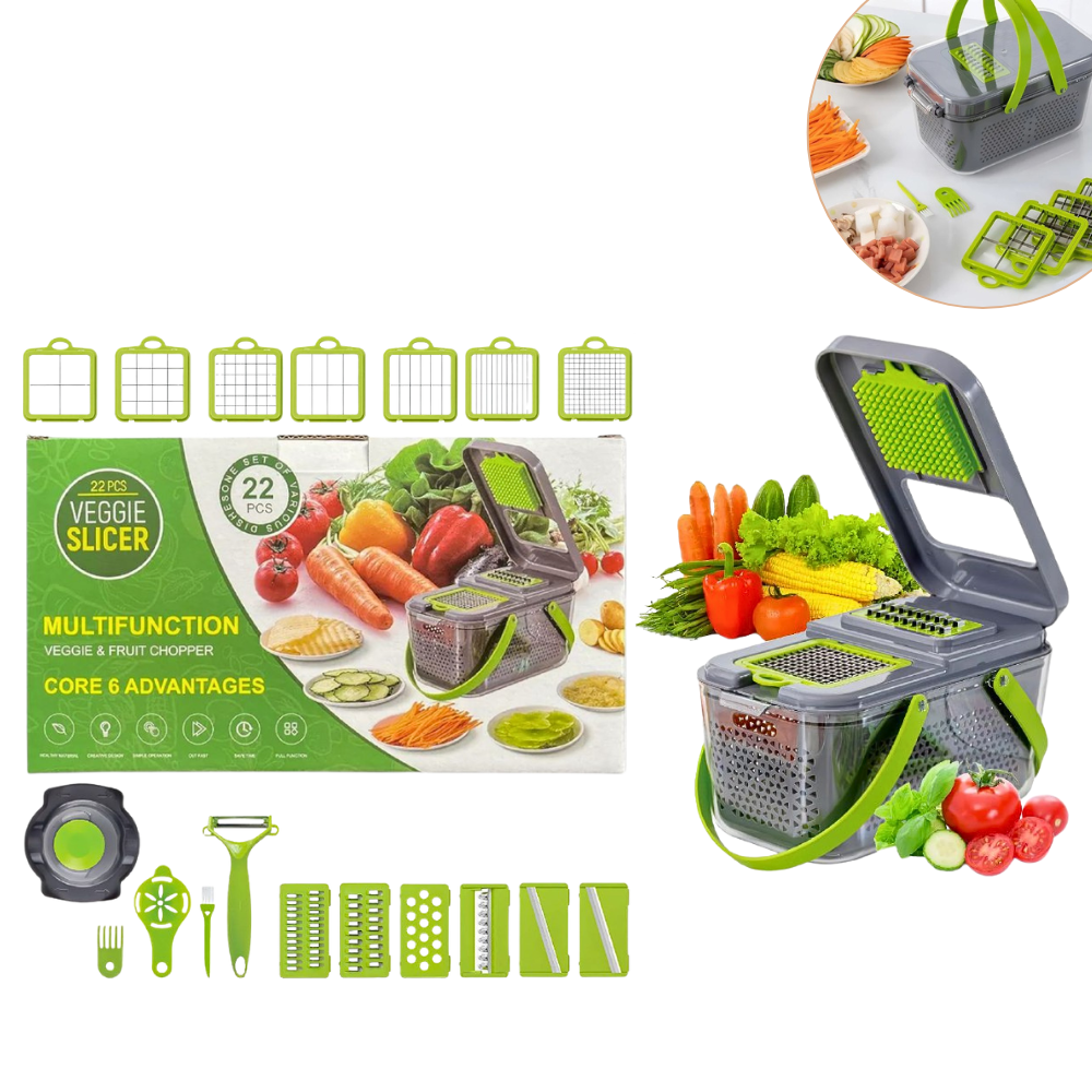 MAQUINA CHISMOLERA CORTADORA DE VERDURAS MULTIFUNCIONAL 22 EN 1 DE AERO INOXIDABLE 13.5X24X13CM