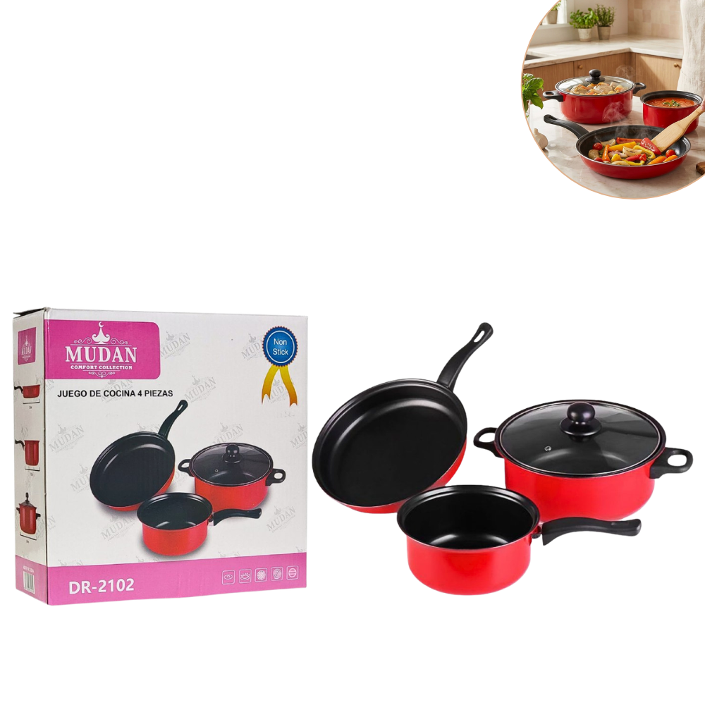 JUEGO DE OLLAS DE COCINA DE ALUMINIO CON REVESTIMIENTO ANTIADHERENTE Y TAPA DE VIDRIO TEMPLADO MUDAN 4PCS