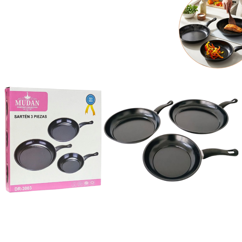 JUEGO DE SARTENES ANTIADHERENTES DE ACERO DE ALTA CALIDDAD MUDAN 3PCS