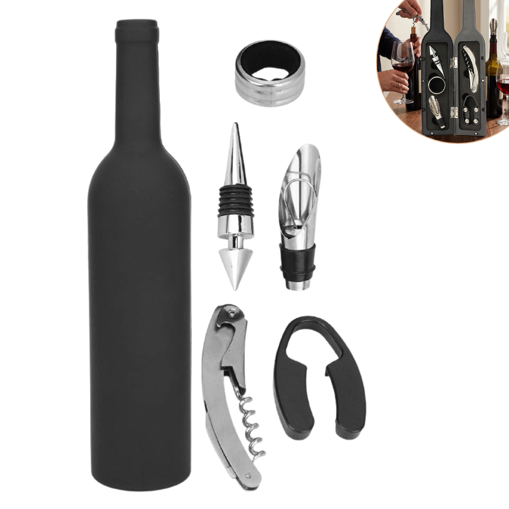 SET DE HERRAMIENTAS PARA BOTELLAS DE VINO SACA CORCHO DE ACERO INXOIDBALE CON ESTUCHE 5PCS