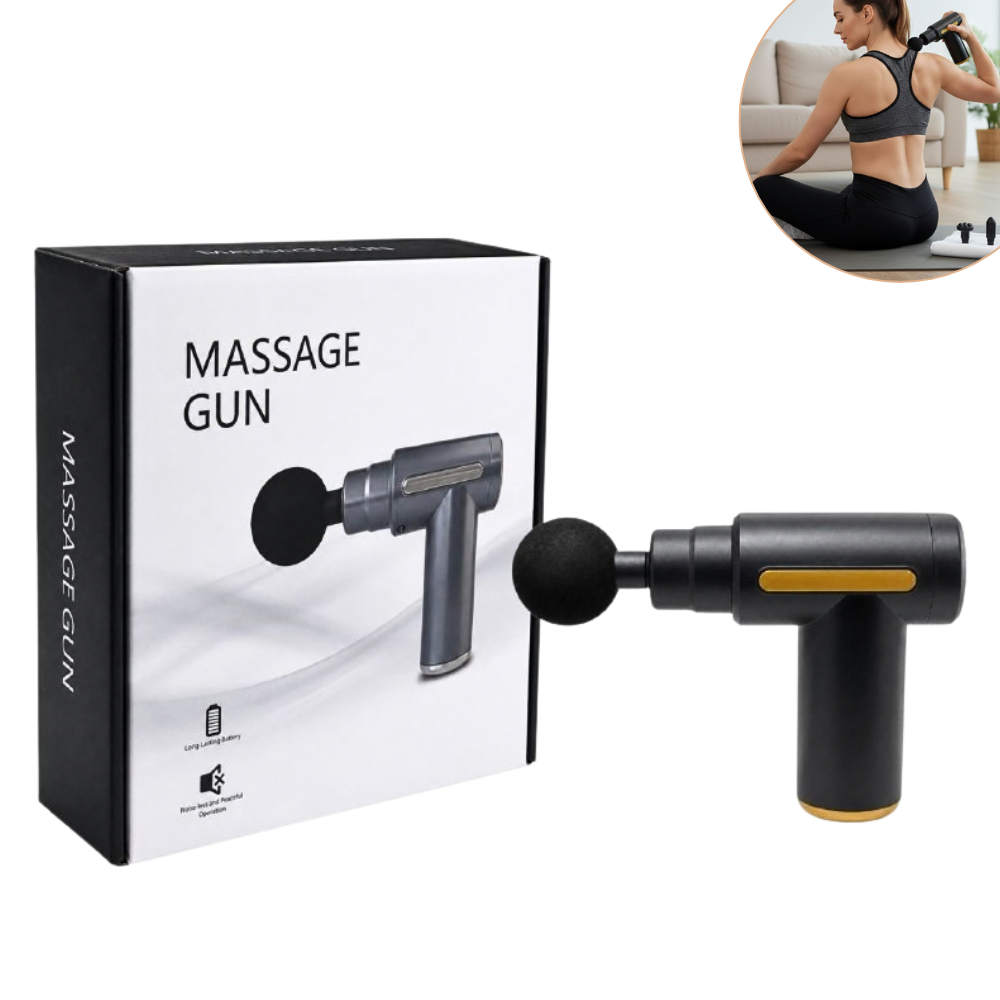 PISTOLA DE MASAJE MUSCULAR INALAMBRICA Y RECARGABLE Y 4 CABEZALES INTERCAMBIABLE 30W
