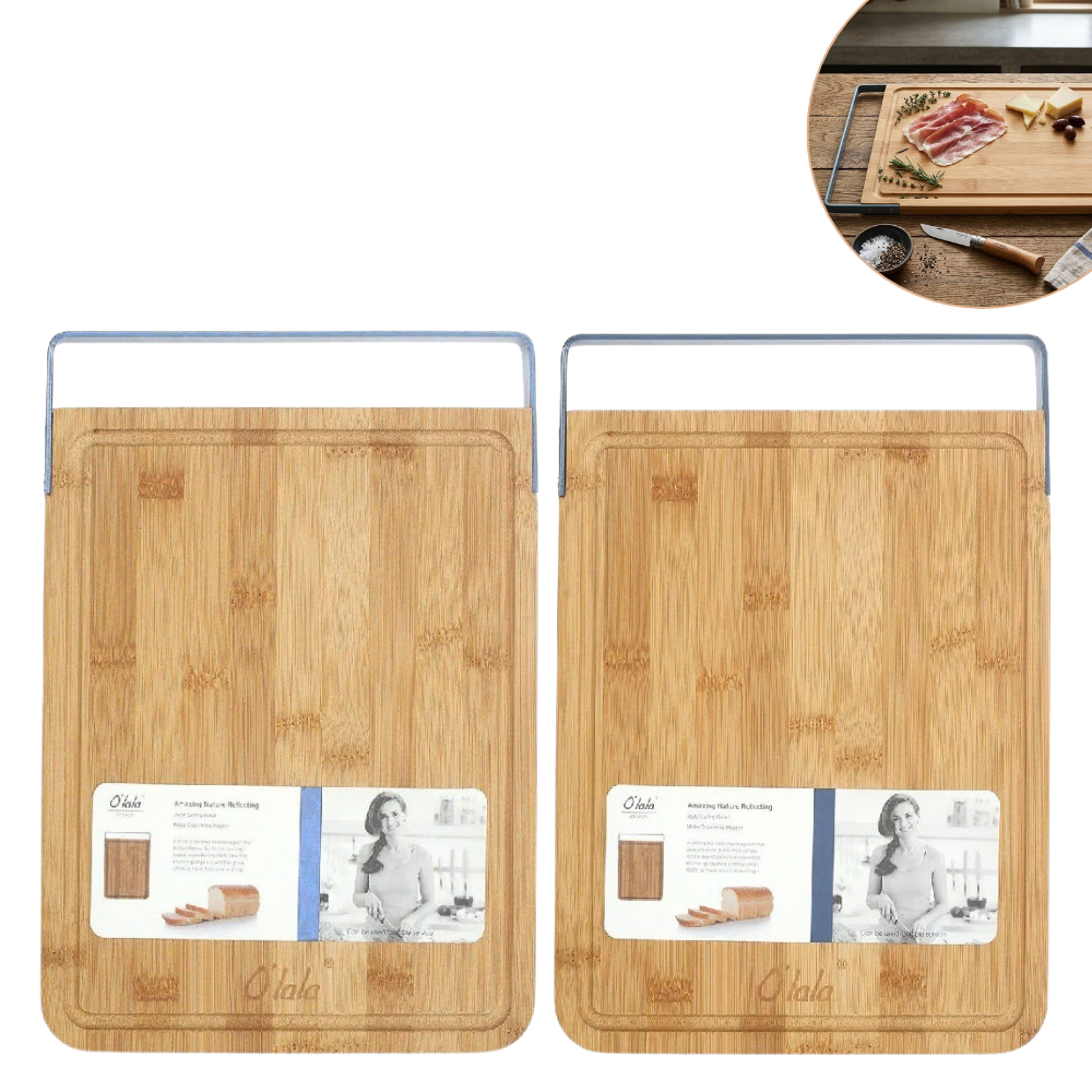 TABLA DE PICAR Y CORTAR ALIMENTOS DE COCINA DE MADERA DE BAMBU CON MANGO METALICO O'LALA 32X23X2CM