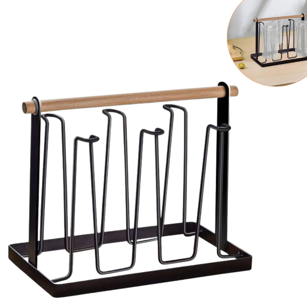 ESTANTE ESCURRIDOR Y ORGANIZADOR DE METAL PARA VASOS Y TAZAS CON MANGO DE MADERA 18.5X13.5X23.2CM