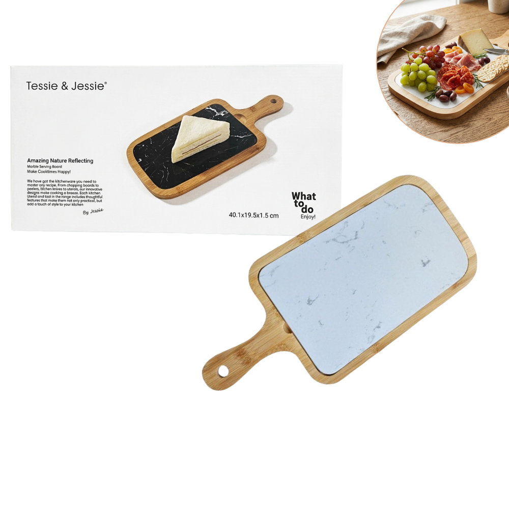 TABLA PARA SERVIR Y PRESENTAR COMIDA O APERITIVOS, QUESOS Y EMBUTIDOS DE MARMOL Y MADERA 40.1X19.5X1.5CM