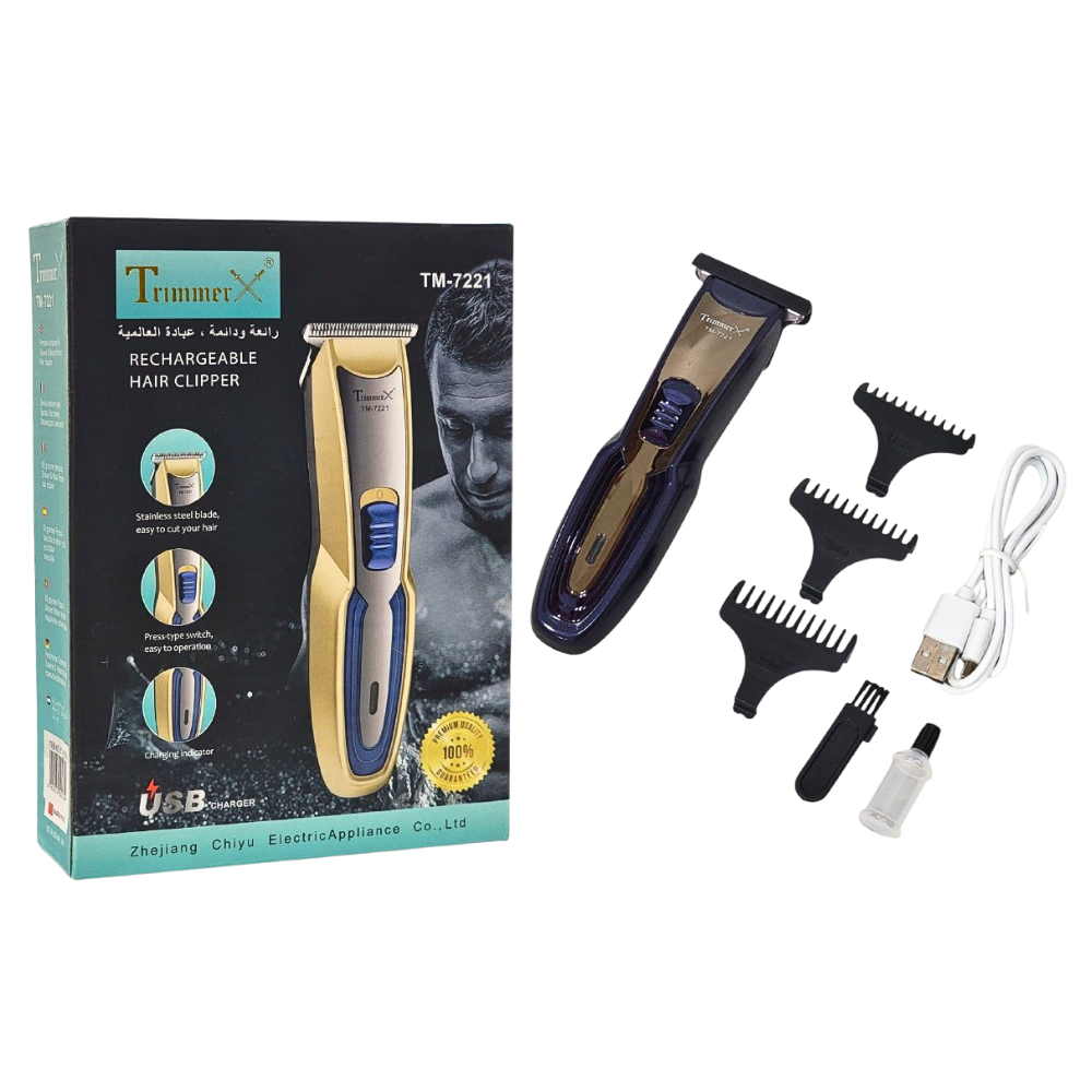 MAQUINA CORTADORA DE PELO PROFESIONAL RECARGABLE, CABEZAL DE CORTE DE PRECISION DE ACERO INOXIDABLE, INTERRUPTOR DE PRESION, FACIL DE USAR, INDICADOR DE CARGA, CABLE USB TRIMMER TM-T7221