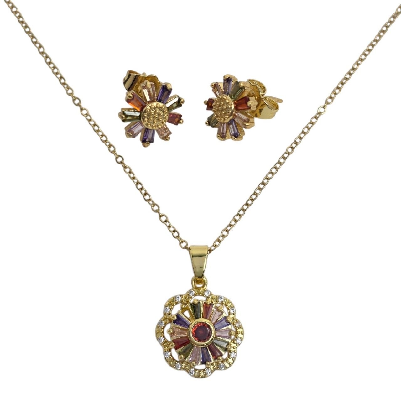 SET DE ENCHAPE PARA DAMA CON DISEÑO DE FLOR Y PEDRERIA MULTICOLOR