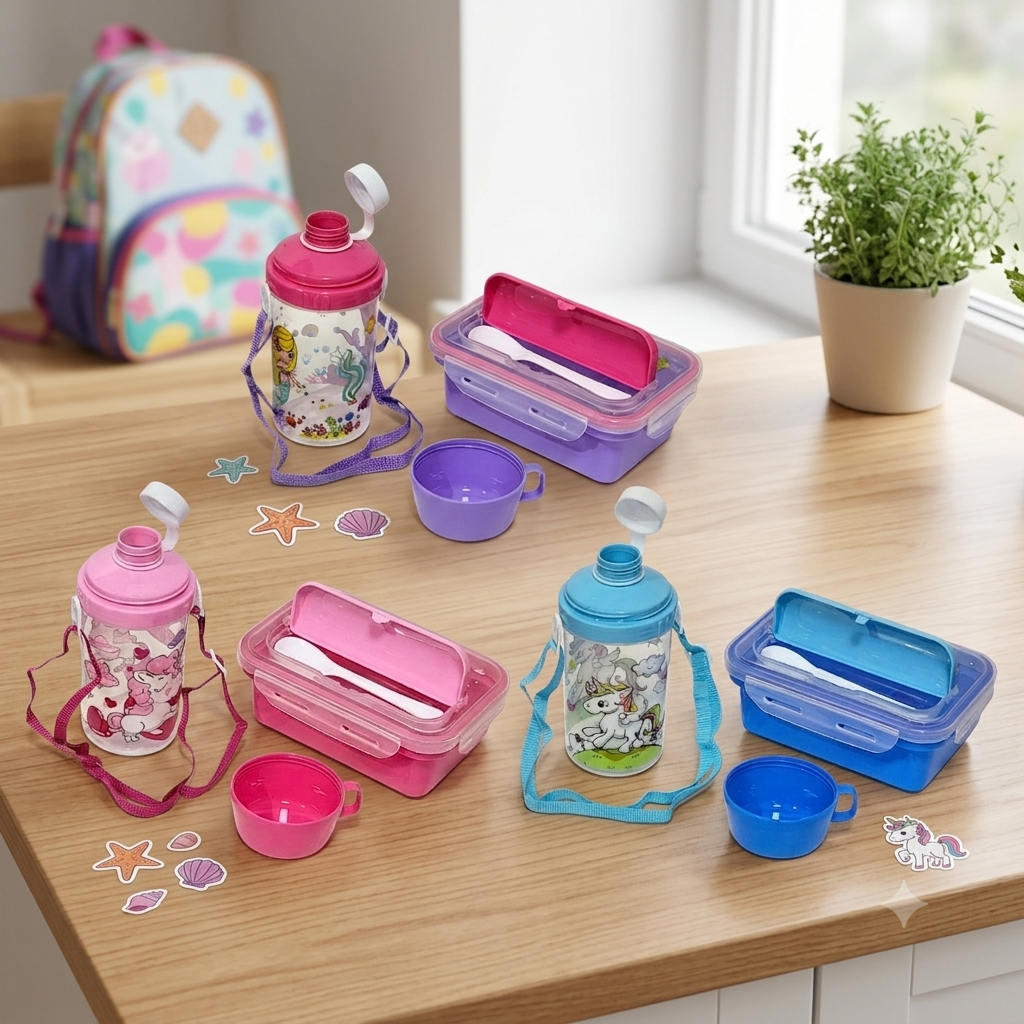 SET DE LONCHERA CON SEPARADOR, CUBIERTOS Y BOTELLA PARA NIÑOS