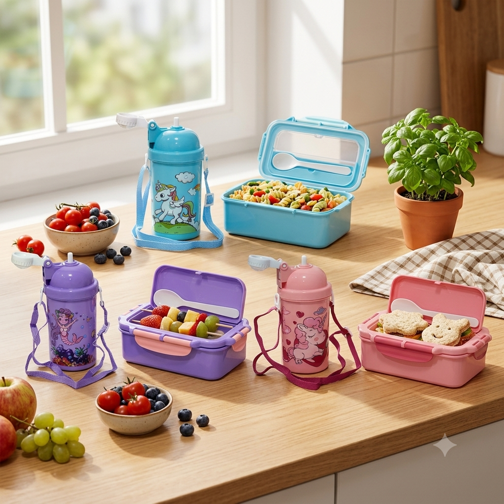 SET DE LONCHERA CON SEPARADOR, CUBIERTOS Y BOTELLA PARA NIÑOS