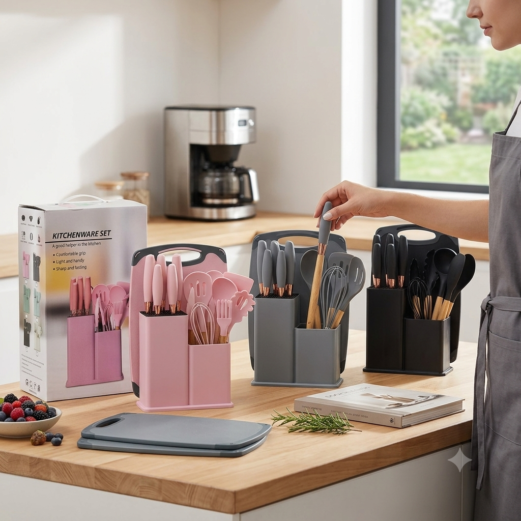 JUEGO DE CUCHILLOS DE COCINA CON UTENSILIOS Y TABLA DE PICAR 18PCS