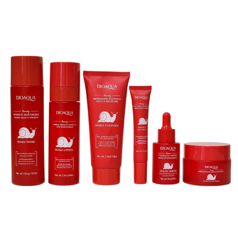 SET DE CUIDADO FACIAL DE BABA DE CARACOL DE 6 PIEZAS, REAFIRMANTE, HIDRATANTE Y AUMENTA LA ELASTICIDAD CON COLAGENO BIOAQUA SNAILS FIRM