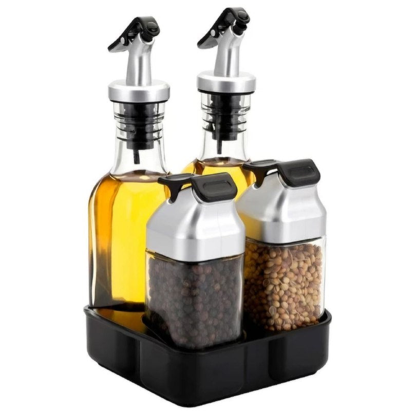 ORGANIZADOR DE ESPECIAS Y ACEITE U VINAGRE DE VIDRIO CON BOQUILLA ANTIPOLVO, CON UNA BANDEJA PRACTICA PARA COCINA SALAD DRESSING