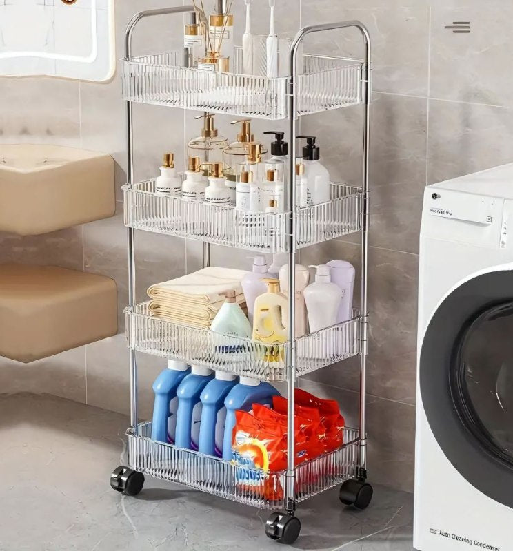 ORGANIZADOR CARRITO DE ALMACENAMIENTO TRANSPARENTE MULTIFUNCIONAL DE 4 NIVELES CON RUEDAS BLOQUEABLES