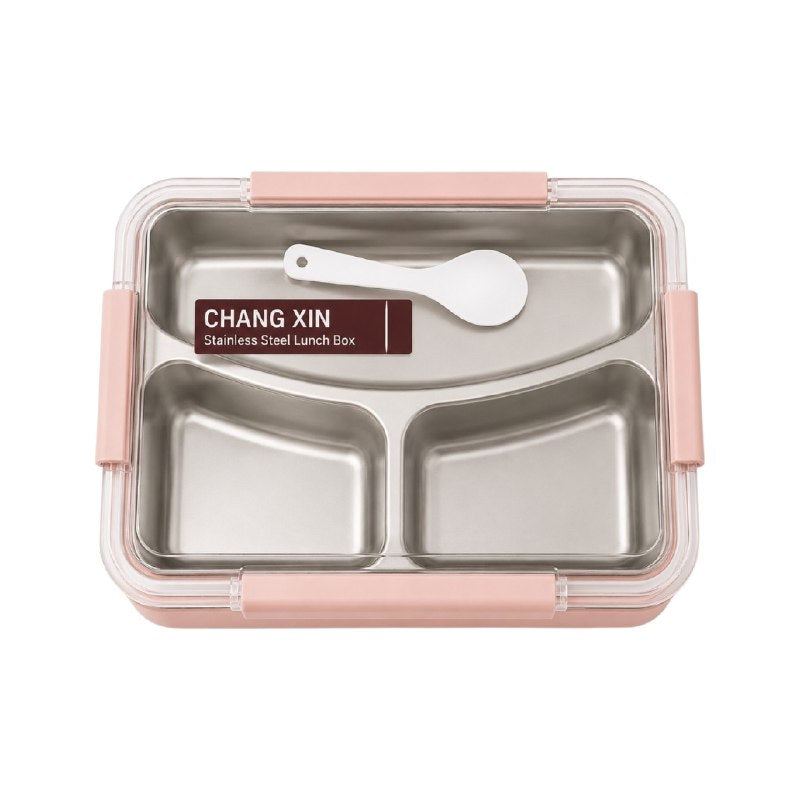 LONCHERA DE ACERO INOXIDABLE DE 3 COMPARTIMIENTOS CON CUCHARA CHANG XIN MEDIDAS 24.5X26CM