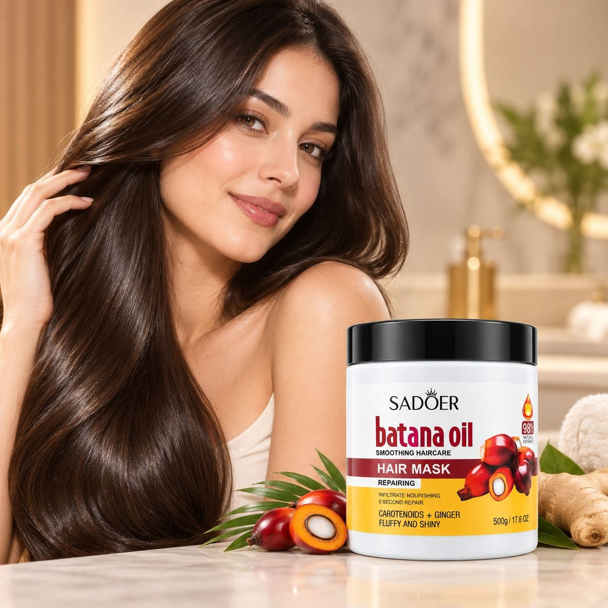 MASCARILLA PARA EL CABELLO DE REPARACION PROFUNDA CON ACEITE DE BATANA CAROTENOIDES Y EXTRACTO DE JENJIBRE SADOER 500G