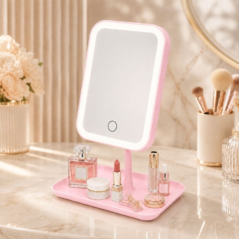 ESPEJO PARA MAQUILLAJE CON LUZ LED RECARGABLE Y BASE ORGANIZADORA 12X16CM