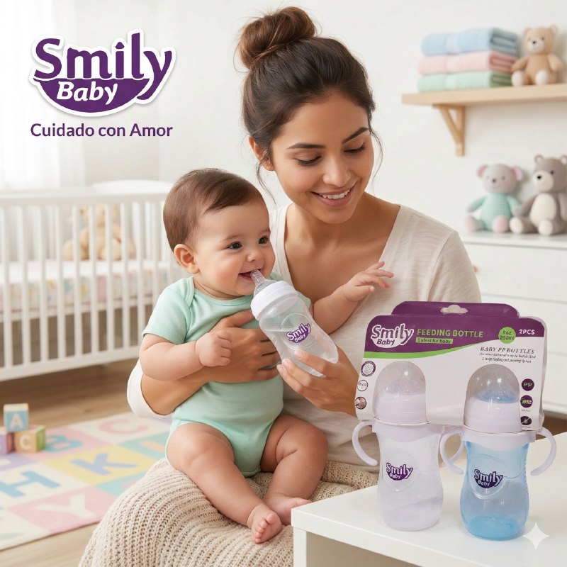 BIBERON CHUPON PARA BEBES EN SET DE 2 PIEZAS CON ASAS CAPACIDAD DE 260ML SMILY BABY