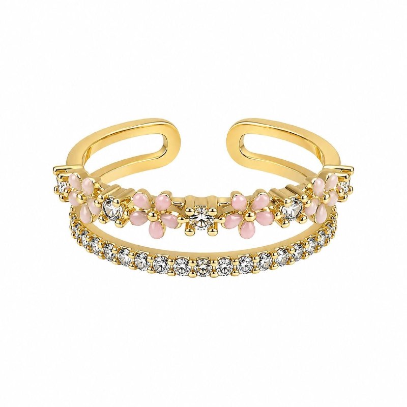 ANILLO DE ENCHAPE PARA DAMA DE DOBLE BANDA CON FLORES ROSADAS Y PAVÉ DE CIRCONES