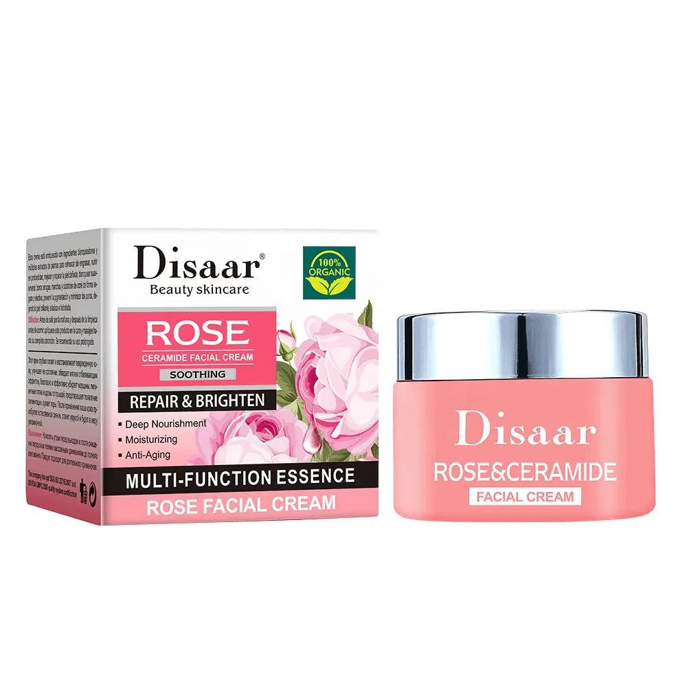 CREMA FACIAL DE CERAMIDA Y ESENCIA DE ROSA, CALMANTE, REPARADORA Y ILUMINADORA, NUTRICION PROFUNDA ANTIENVEJECIMIENTO DISAAR BEAUTY SKINCARE ROSE CERAMIDE 50G