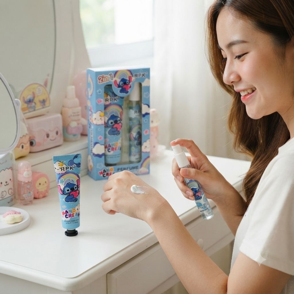 SET DE CREMA PARA MANOS Y PERFUME DEL PERSONAJE STITCH AROMA DE LARGA DURACION RPK 30ML + 10ML
