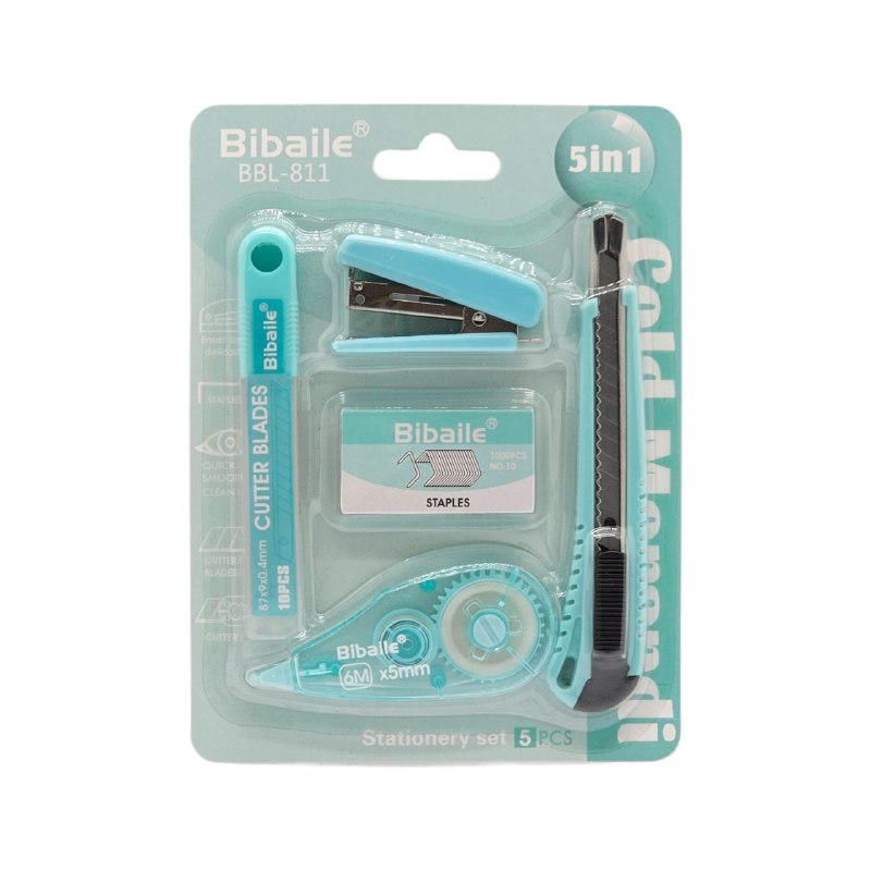 SET DE UTILES DE PAPELERIA PARA NIÑOS 5 EN 1, GRAPADORA, GRAPAS, CORRECTOR, CUTER REPUESTOS BIBAILE BBL-811
