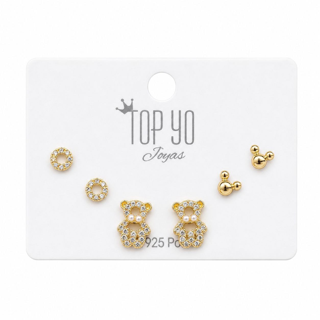 SET DE 3 PARES DE ARITOS DE ENCHAPE PARA DAMA OSITOS CON PERLAS, AROS DE CRISTALES Y RATONCITO