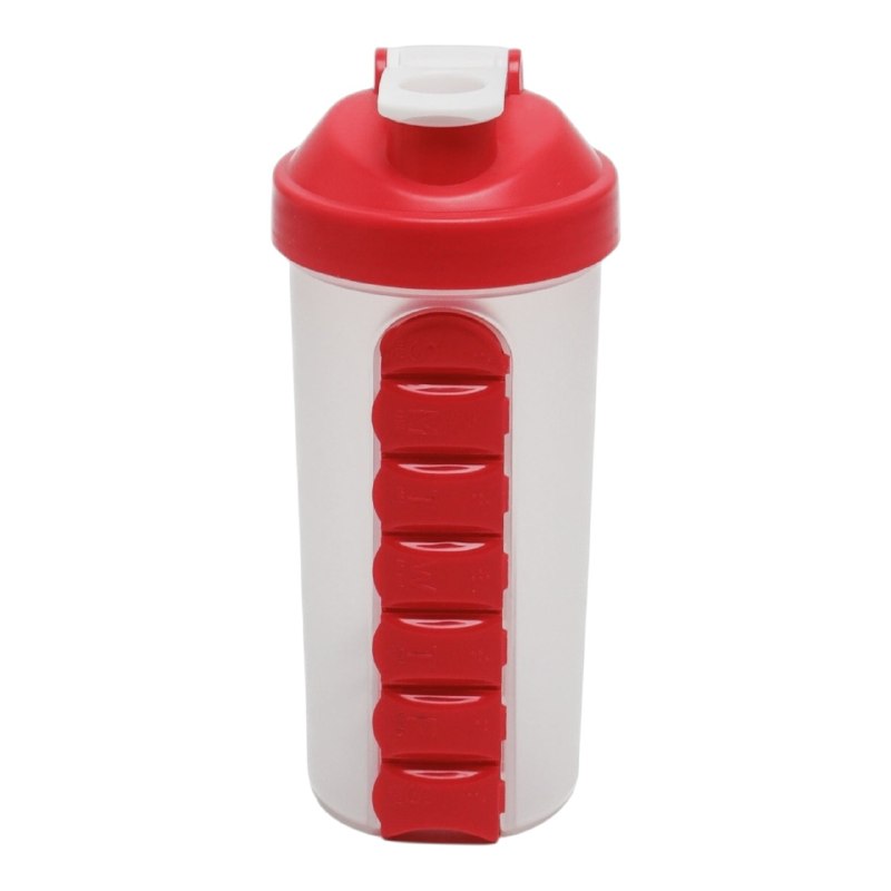 BOTELLA MEZCLADORA CON ORGANIZADOR DE VITAMINAS 2 EN 1 DE PLASTICO RESISTENTE 600ML