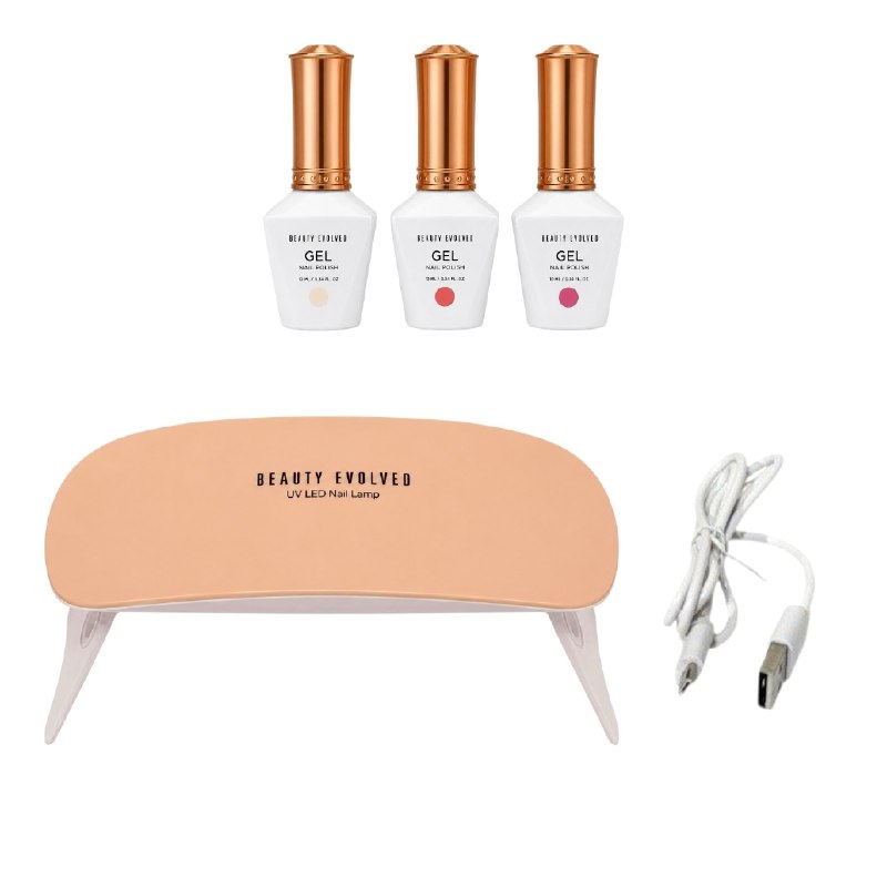 SET DE ESMALTE PARA UÑAS EN GEL CON LAMPARA UV PROFESIONAL BEAUTY EVOLVED 10MLX3