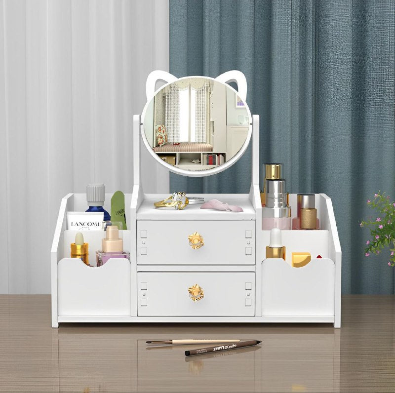 ORGANIZADOR ESTANTE DE COSMETICOS COLOR BLANCO CON ESPEJO DE GATO DE DOBLE CAJON 35X16X28CM