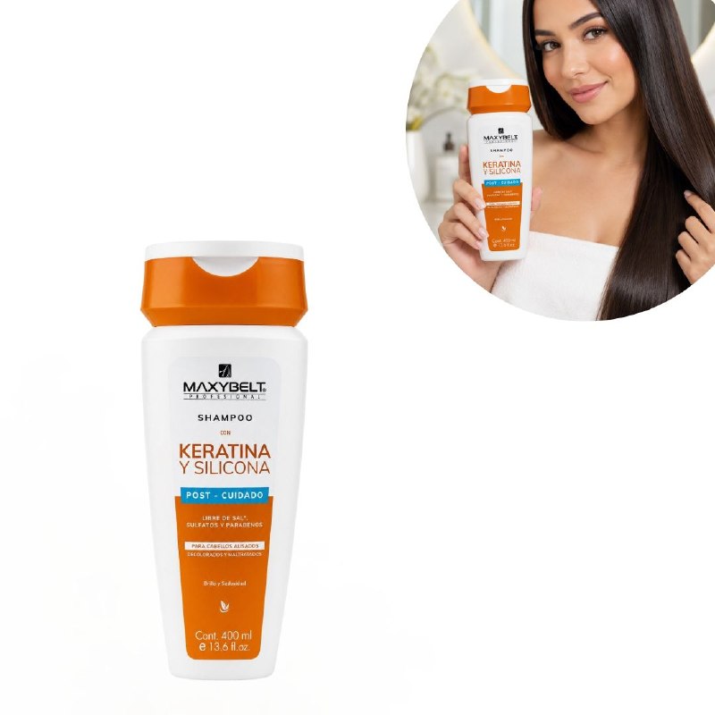 SHAMPOO DE POST CUIDADO REPARADOR Y SUAVIZANTE CON QUERATINA Y SILICONA MAXYBELT 400ML