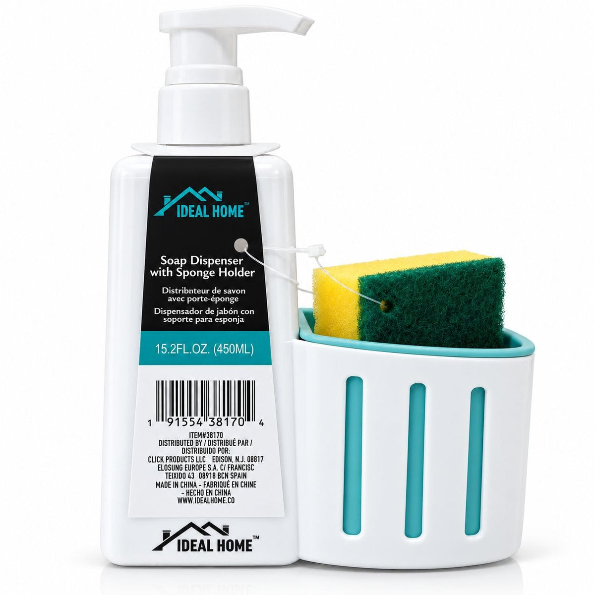 DISPENSADOR DE JABÓN CON SOPORTE PARA ESPONJA IDEAL HOME 450ML