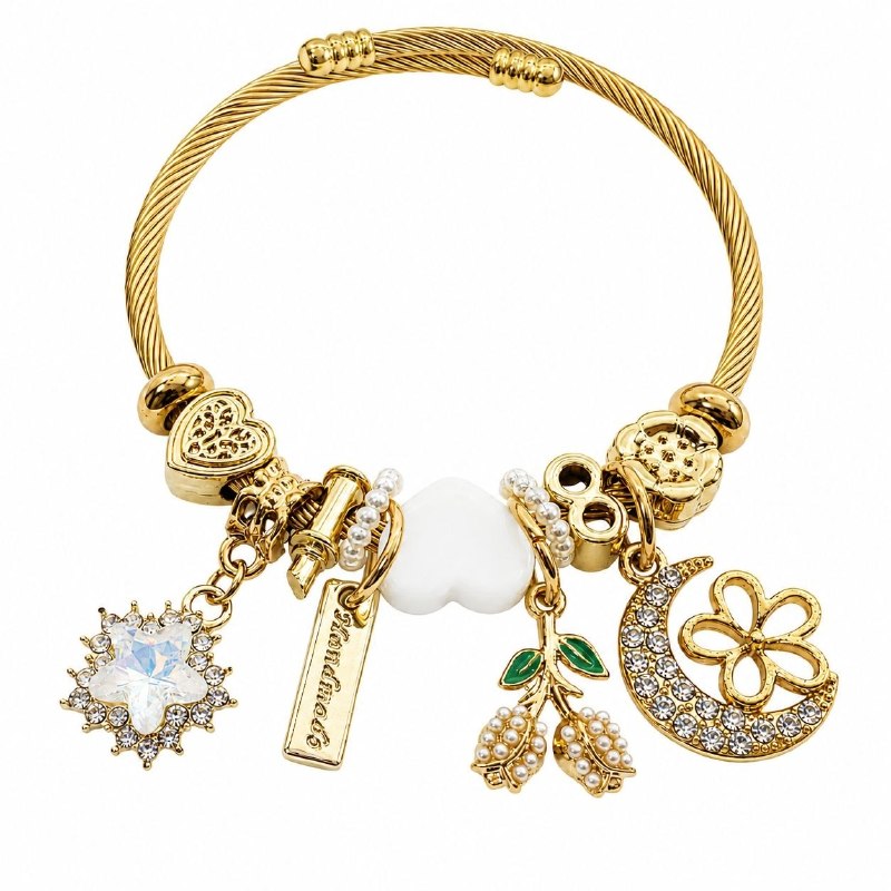 PULSERA DE ENCHAPE PARA DAMA CON DISEÑO DE ESTRELLAS, FRUTAS Y LUNA  6CM