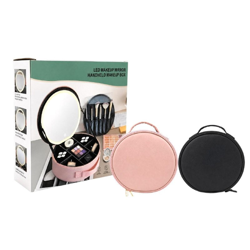 ORGANIZADOR ESTUCHE DE MAQUILLAJE PORTATIL REDONDO CON ESPEJO LED 22.3X23.3CM