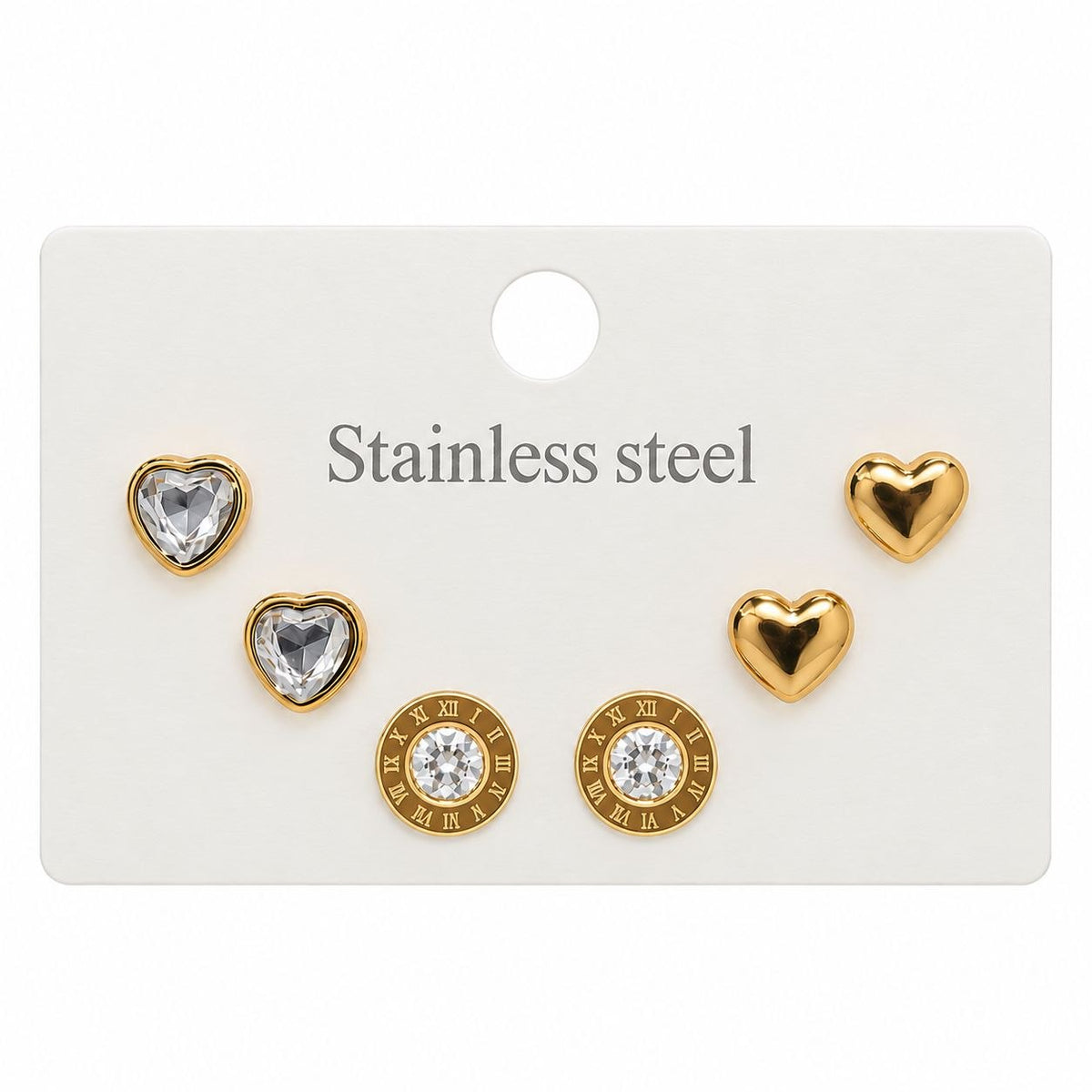 SET DE ARITOS DE ENCHAPE PARA DAMA JUEGO DE 3 PARES CON DISEÑOS DE CORAZÓN CON CIRCÓN, CORAZÓN LISO Y CIRCULAR CON NÚMEROS ROMANOS Y CIRCÓN CENTRAL 0.6CM, 0.8CM Y 0.6CM