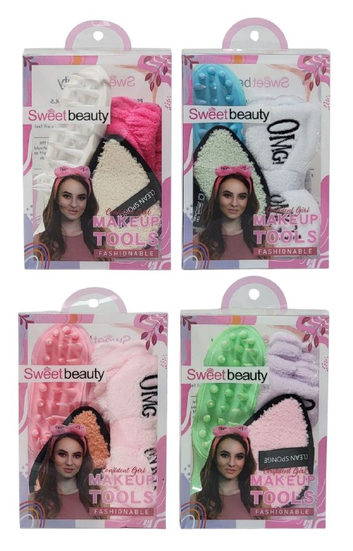KIT DE CUIDADO FACIAL Y DE CABELLO, CEPILLO DE SILICONA PARA EL LAVADADO DEL CABELLO Y ESPONJA LAVADO FACIAL Y VINCHA ELASTICA SWEET BEAUTY